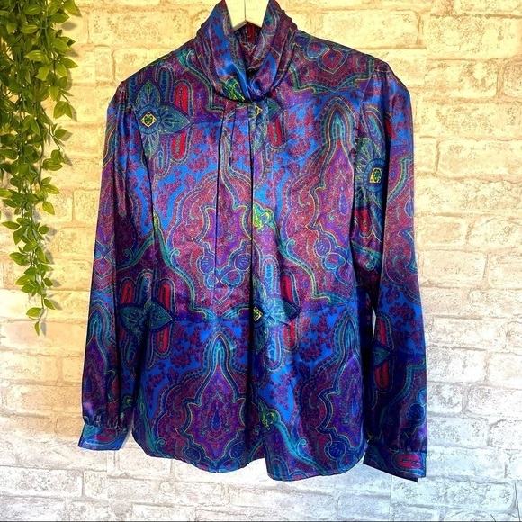 VINTAGE‎ 80’s Art Deco colorful paisley print collared blouse Size 10 - Picture 1 of 7